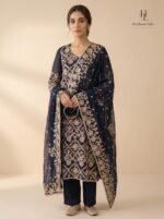 Navy blue formal by Roohèrang featuring intricate silver-gold floral embroidery on a rich sheer silhouette - Image 3