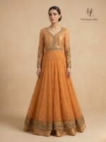 Mahgul warm saffron-gold hue Anarkali with lehnga - Image 3