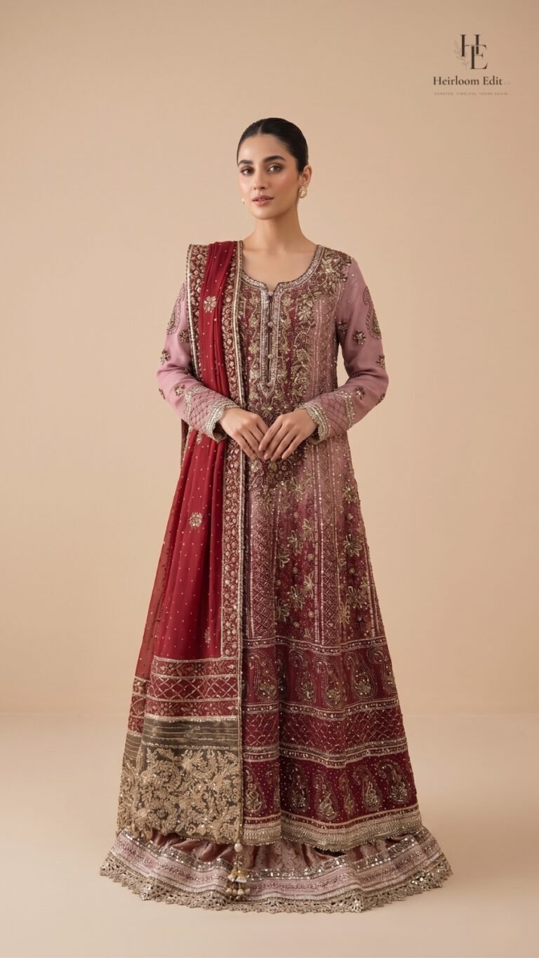 A regal crimson bridal with intricate antique gold craftsmanship