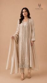 Champagne gold tissue ensemble by designer Bisma Amir