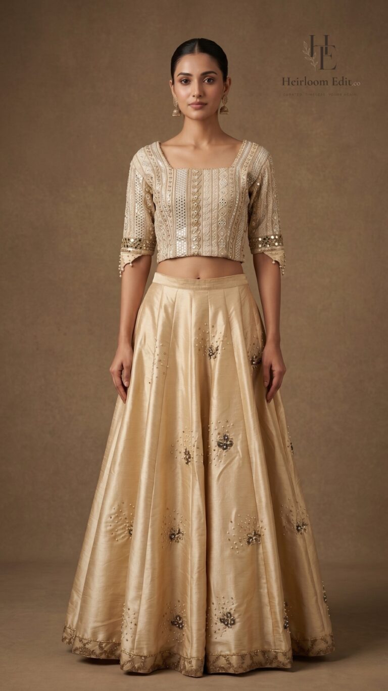 Chikankari champagne-gold lehenga