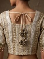 Chikankari blouse paired with a fluid champagne-gold lehenga - Image 4