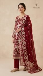 Deep crimson ensemble adorned with exquisite handcrafted gota work - full view