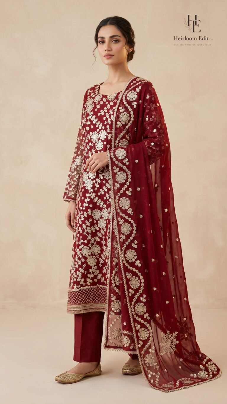 Deep crimson ensemble adorned with exquisite handcrafted gota work - full view