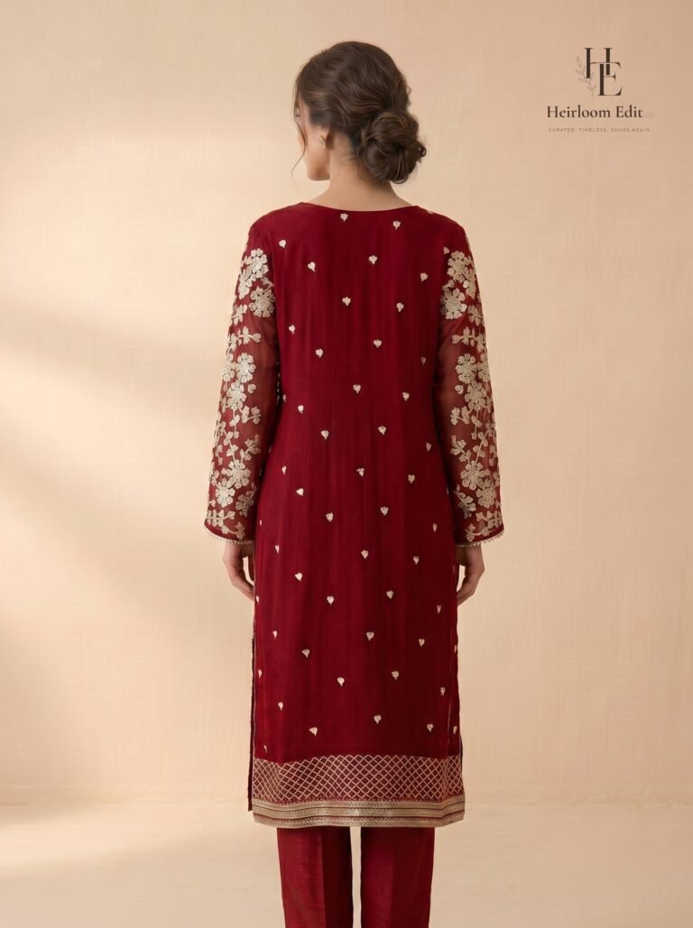 Deep crimson ensemble adorned with exquisite handcrafted gota work - back view