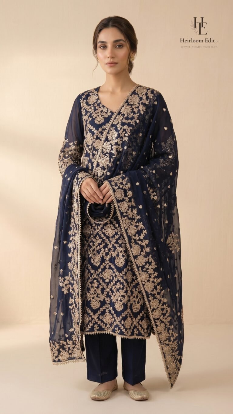 Navy blue formal by Roohèrang featuring intricate silver-gold floral embroidery on a rich sheer fabric