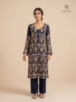 Navy blue formal by Roohèrang featuring intricate silver-gold floral embroidery on a rich shirt design