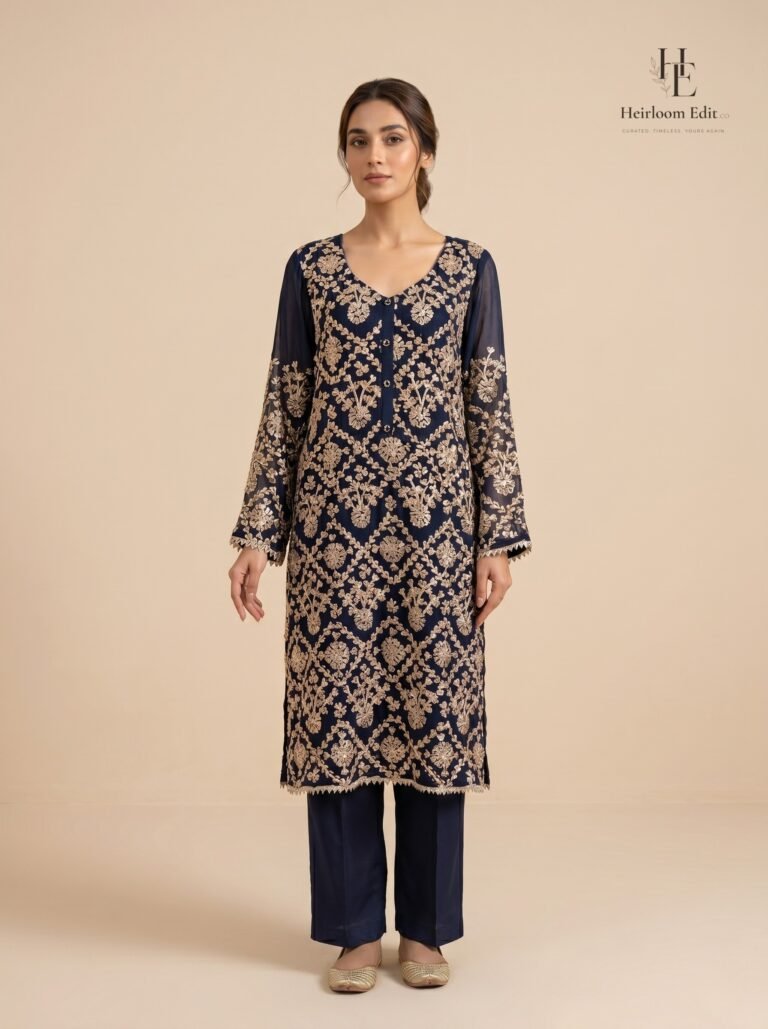 Navy blue formal by Roohèrang featuring intricate silver-gold floral embroidery on a rich shirt design