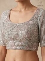 Silver-grey couture outfit with delicate hand embellishments by Sana Tata - front view