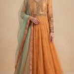 Mahgul warm saffron-gold hue Anarkali with lehnga