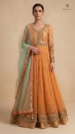 Mahgul warm saffron-gold hue Anarkali with lehnga